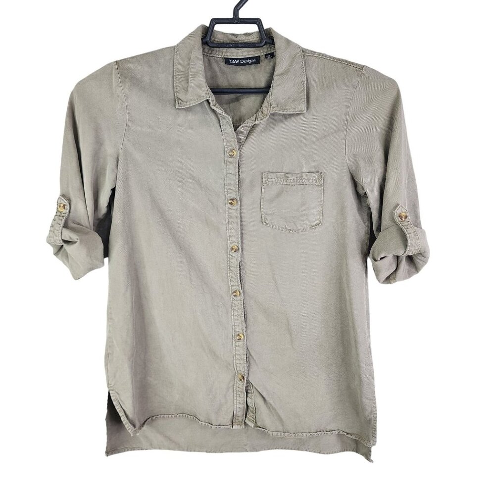 Womens T&W Designs Shirt w/ Roll Tab Sleeves Button-Up 100% Tencel Size S